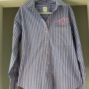 Maeve Blue and White Striped Button-Down Shirt with Pink Embroidery